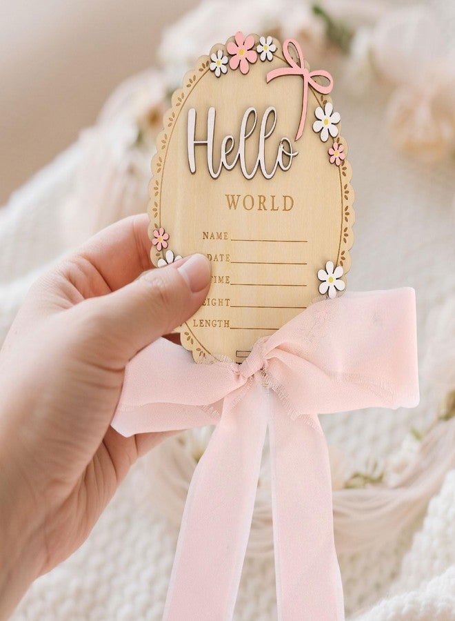 Penitue Baby Announcement Sign with Stand & Marker, Wooden Hello World Baby Birth Name Sign with Light Pink Ribbon for Hospital Newborn Photoshoot Rustic Keepsake Nursery Decor - Image 4